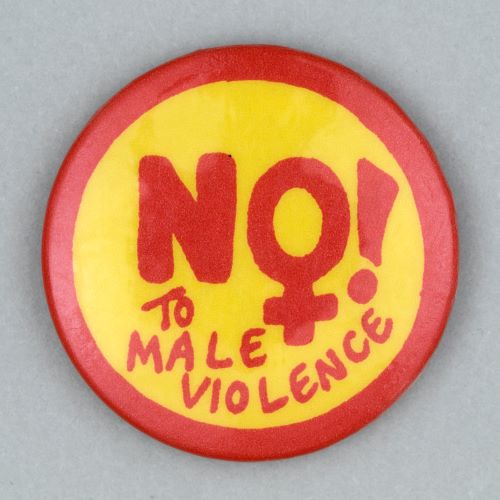 Button badge with text 'No to Male Violence' 